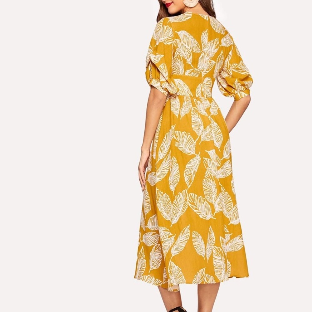 Host Pick! Leaves Print Split V-neck Dress - Picture 5 of 5